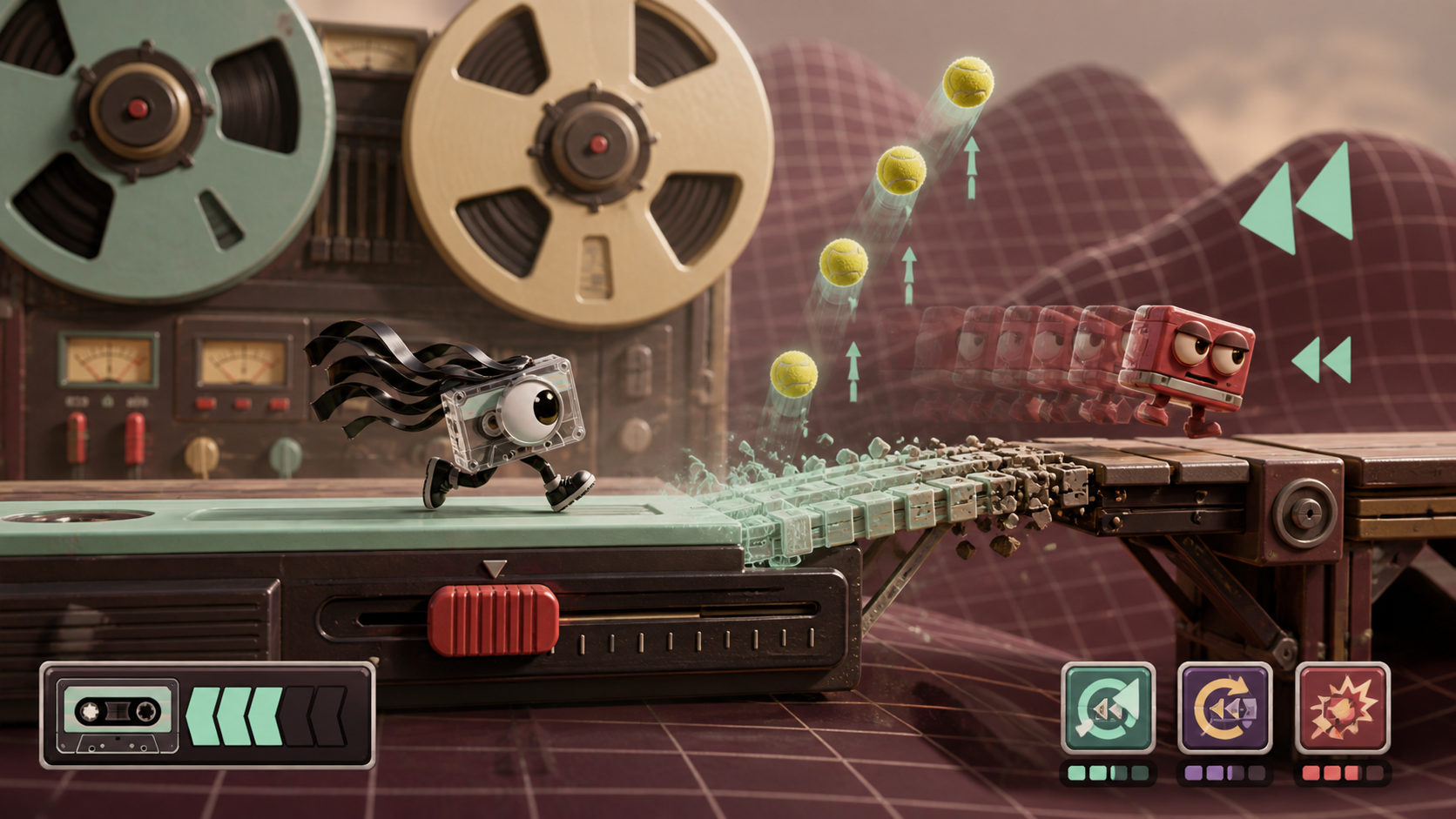 Rew races through a time-bending tape factory.